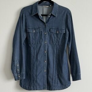Soft Surroundings Denim Shirt Womens S Pockets Pin Stripe Long Sleeve Stretch